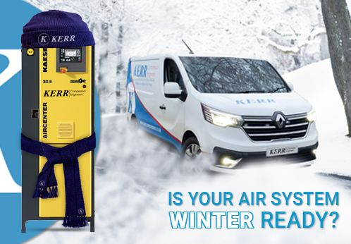 Kerr AIRCENTER Compressor with a hat & scarf plus a Kerr Service Van in snowy winter conditions