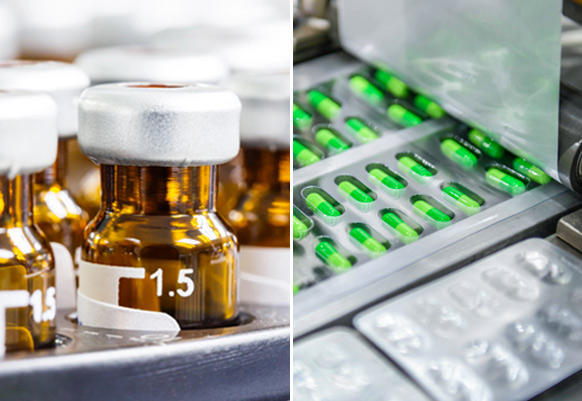 Pharmaceutical Industry - Amber vials and green capsules